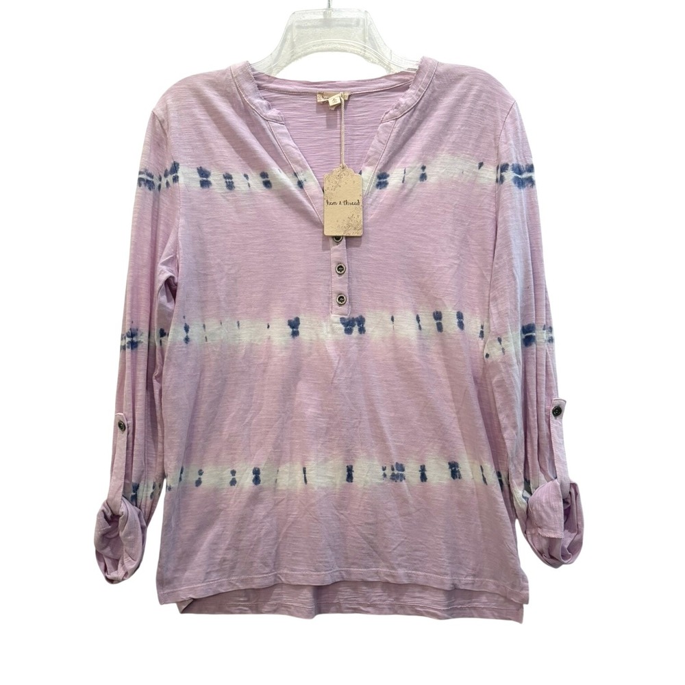 Hem & Thread‎ Womens Lavender Tie Dye Henley Roll Tab Sleeve Top Size M New